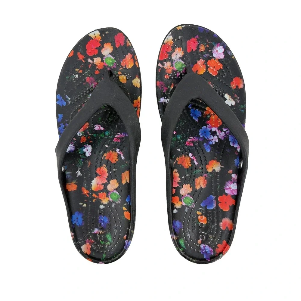 Crocs Kadee II Graphic Women's Flip Flop Sandals Black Floral Size 6